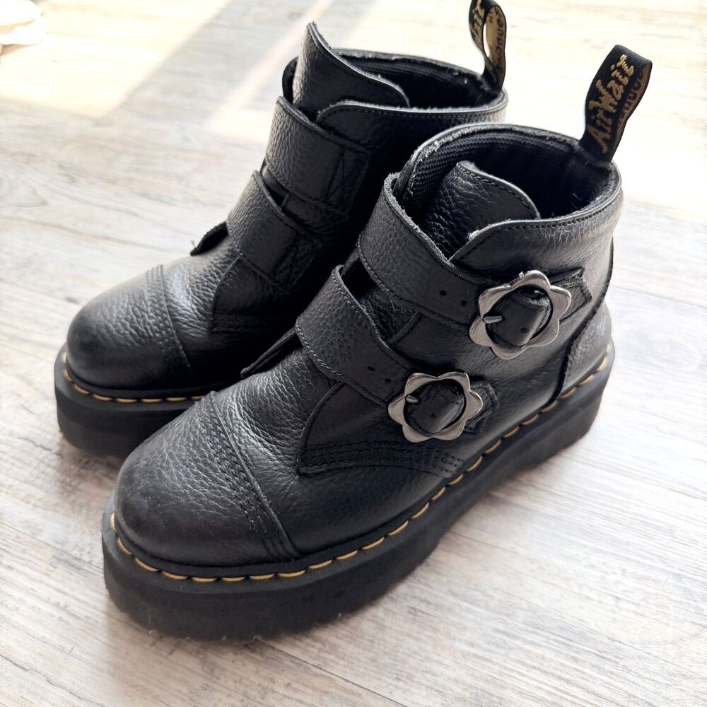 Dr. Martens Devon Quad Flower Buckle Boots Size 8 Black Milled Leather Platform